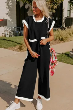 Hot Dear-Lover Color Block Pocketed T Shirt and Wide Leg Pants Set Black