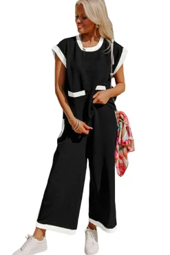 Hot Dear-Lover Color Block Pocketed T Shirt and Wide Leg Pants Set Black
