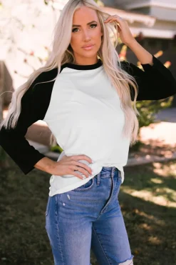 Discount Dear-Lover Color Block Raglan Sleeve Pullover Top Black