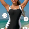 Hot Dear-Lover Color Block Ric Rac Trim U Neck One Piece Swimsuit Black