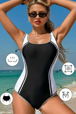 Hot Dear-Lover Color Block Ric Rac Trim U Neck One Piece Swimsuit Black