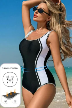 Hot Dear-Lover Color Block Ric Rac Trim U Neck One Piece Swimsuit Black