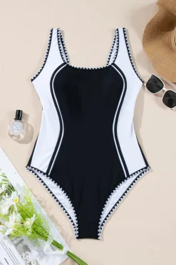Hot Dear-Lover Color Block Ric Rac Trim U Neck One Piece Swimsuit Black