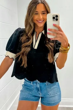 Discount Dear-Lover Color Contrast Collared V Neck Puff Sleeve Blouse Black