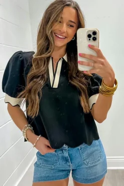 Discount Dear-Lover Color Contrast Collared V Neck Puff Sleeve Blouse Black