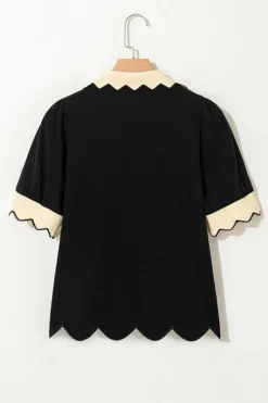 Discount Dear-Lover Color Contrast Collared V Neck Puff Sleeve Blouse Black