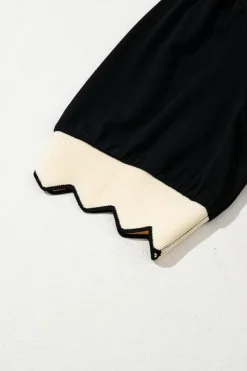 Discount Dear-Lover Color Contrast Collared V Neck Puff Sleeve Blouse Black