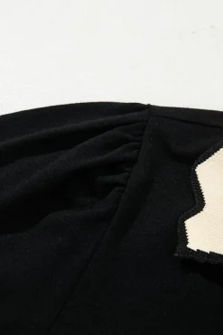 Discount Dear-Lover Color Contrast Collared V Neck Puff Sleeve Blouse Black
