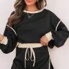 Best Dear-Lover Color Contrast Loose Pullover and Lace-up Waist Skort Set Black