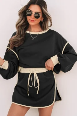 Best Dear-Lover Color Contrast Loose Pullover and Lace-up Waist Skort Set Black