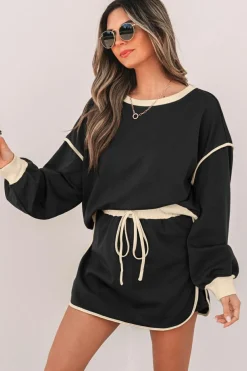 Best Dear-Lover Color Contrast Loose Pullover and Lace-up Waist Skort Set Black