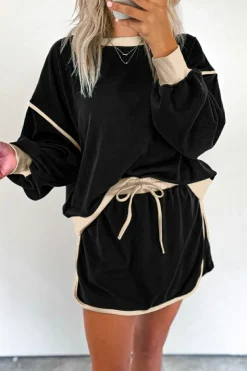 Best Dear-Lover Color Contrast Loose Pullover and Lace-up Waist Skort Set Black