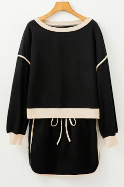 Best Dear-Lover Color Contrast Loose Pullover and Lace-up Waist Skort Set Black