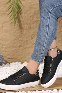 Sale Dear-Lover Color Contrast Quilted Lace-up Sneakers Black