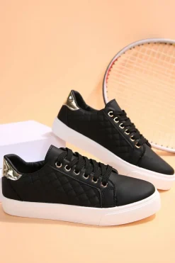 Sale Dear-Lover Color Contrast Quilted Lace-up Sneakers Black