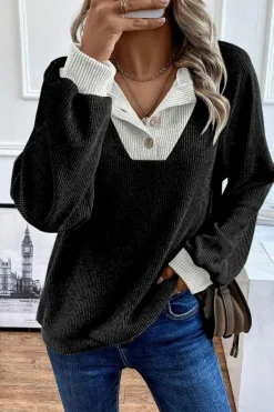 Best Dear-Lover Color Contrast Ribbed Loose Fit Long Sleeve Top Black