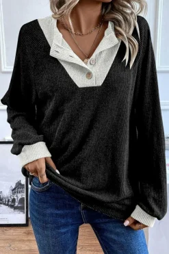 Best Dear-Lover Color Contrast Ribbed Loose Fit Long Sleeve Top Black