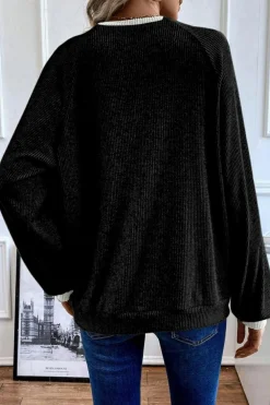 Best Dear-Lover Color Contrast Ribbed Loose Fit Long Sleeve Top Black