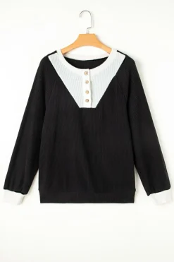 Best Dear-Lover Color Contrast Ribbed Loose Fit Long Sleeve Top Black