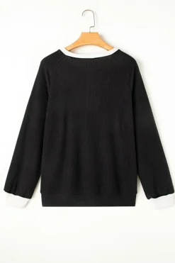 Best Dear-Lover Color Contrast Ribbed Loose Fit Long Sleeve Top Black