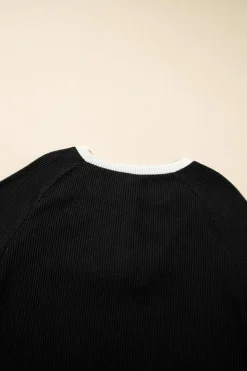 Best Dear-Lover Color Contrast Ribbed Loose Fit Long Sleeve Top Black