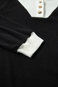 Best Dear-Lover Color Contrast Ribbed Loose Fit Long Sleeve Top Black