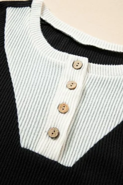 Best Dear-Lover Color Contrast Ribbed Loose Fit Long Sleeve Top Black