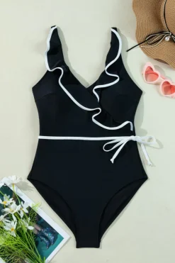 Outlet Dear-Lover Color Contrast Ruffled Wrap V Neck Swimsuit Black
