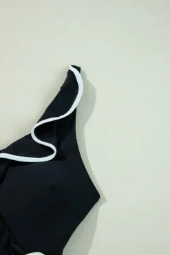 Outlet Dear-Lover Color Contrast Ruffled Wrap V Neck Swimsuit Black