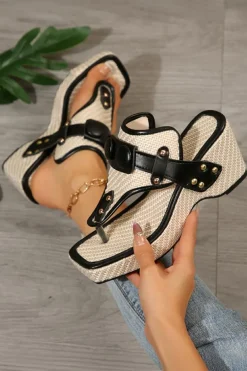 Discount Dear-Lover Color Contrast Woven PU Leather Patchwork Wedge Slippers Black