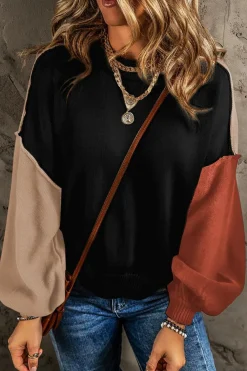 New Dear-Lover Colorblock Bishop Sleeve Ribbed Trim Sweater Black