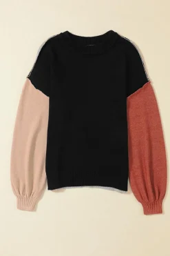 New Dear-Lover Colorblock Bishop Sleeve Ribbed Trim Sweater Black