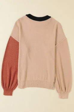 New Dear-Lover Colorblock Bishop Sleeve Ribbed Trim Sweater Black