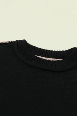 New Dear-Lover Colorblock Bishop Sleeve Ribbed Trim Sweater Black