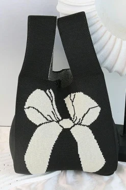 Online Dear-Lover Colorblock Bowknot Pattern Knitted Hand Bag Black