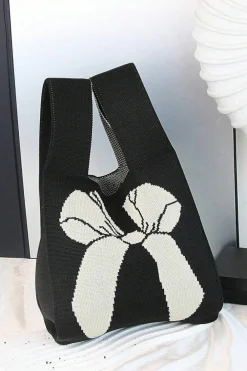 Online Dear-Lover Colorblock Bowknot Pattern Knitted Hand Bag Black