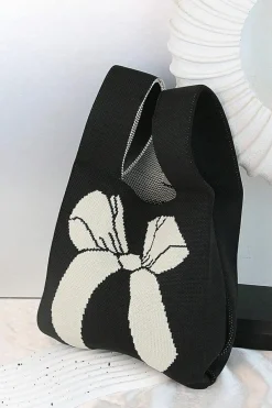 Online Dear-Lover Colorblock Bowknot Pattern Knitted Hand Bag Black