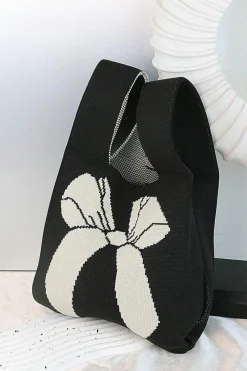 Online Dear-Lover Colorblock Bowknot Pattern Knitted Hand Bag Black