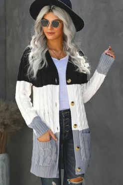 Discount Dear-Lover Colorblock Button Pocket Knit Cardigan Black