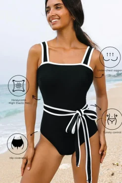 Fashion Dear-Lover Colorblock Edge Belted One Piece Swimsuit Black
