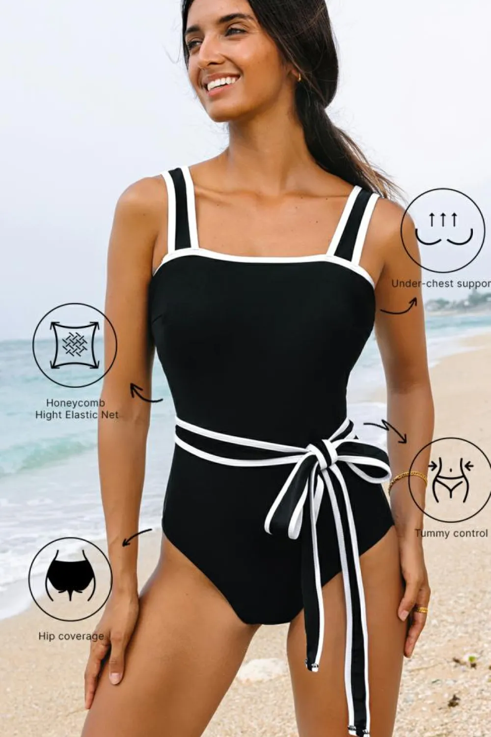 Fashion Dear-Lover Colorblock Edge Belted One Piece Swimsuit Black