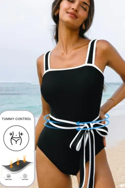 Fashion Dear-Lover Colorblock Edge Belted One Piece Swimsuit Black