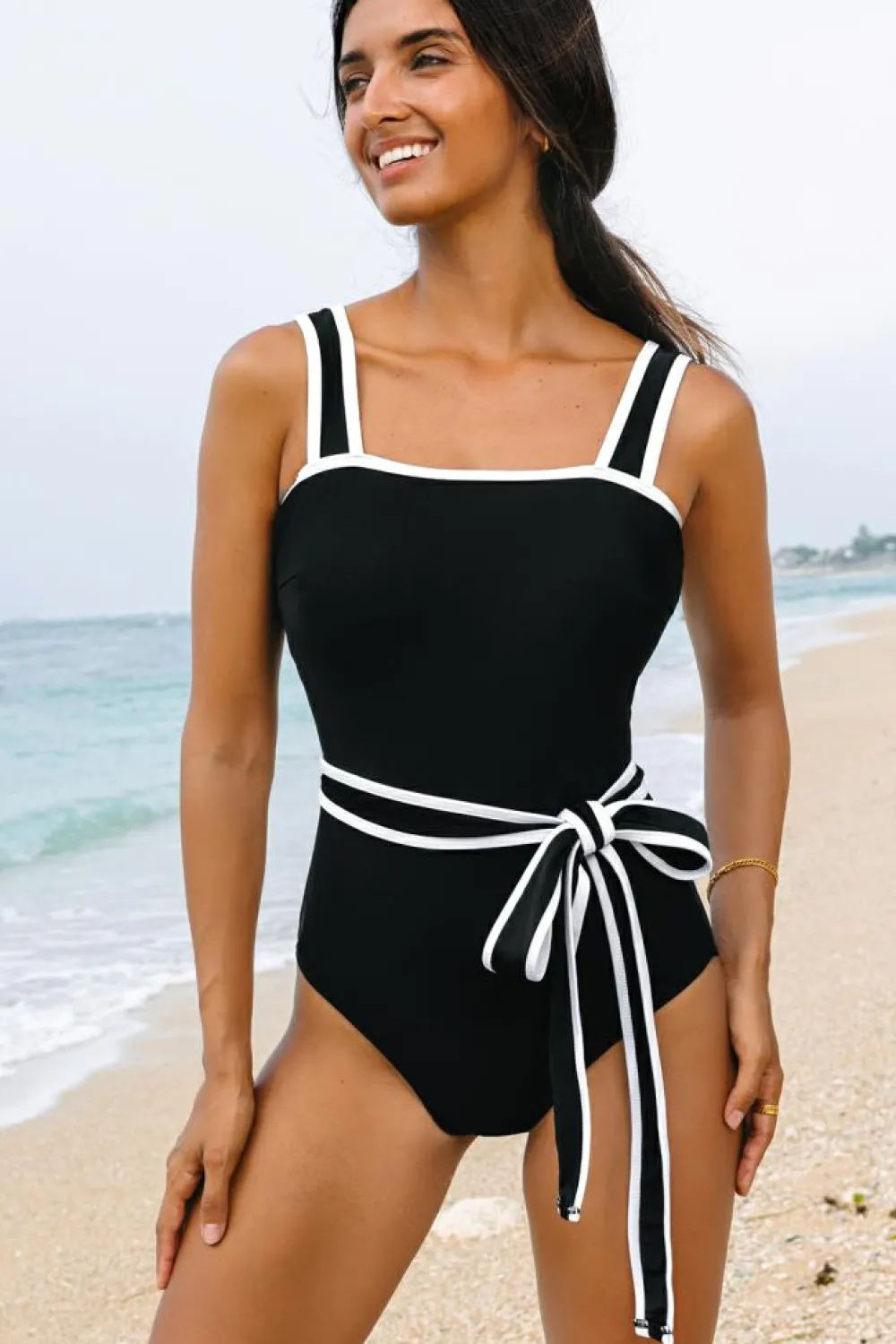 Fashion Dear-Lover Colorblock Edge Belted One Piece Swimsuit Black