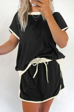 Hot Dear-Lover Colorblock Edge Drop Shoulder T Shirt and Skort 2Pcs Set Black