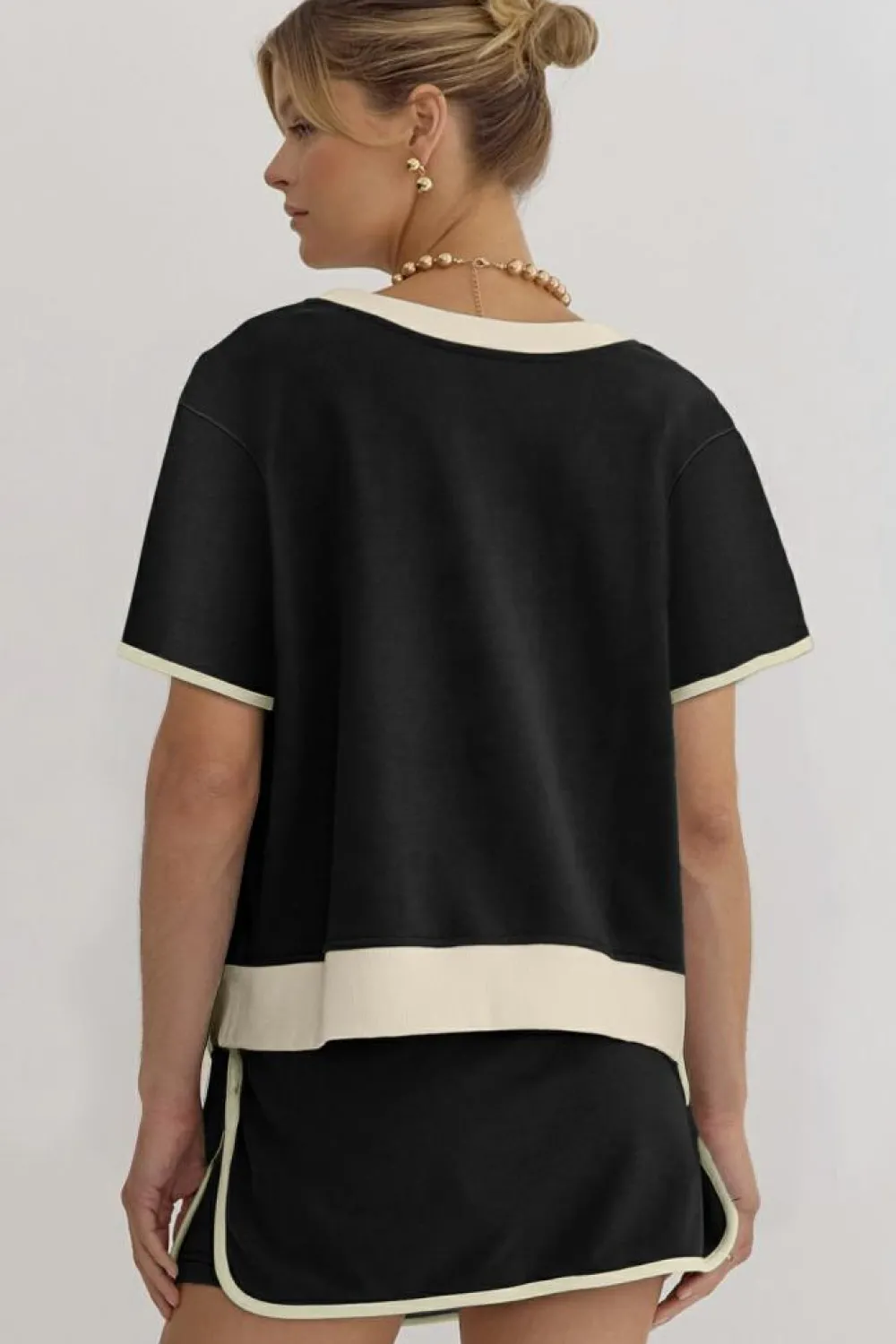 Hot Dear-Lover Colorblock Edge Drop Shoulder T Shirt and Skort 2Pcs Set Black