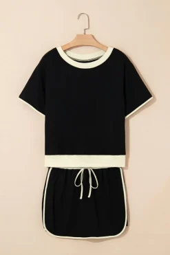 Hot Dear-Lover Colorblock Edge Drop Shoulder T Shirt and Skort 2Pcs Set Black