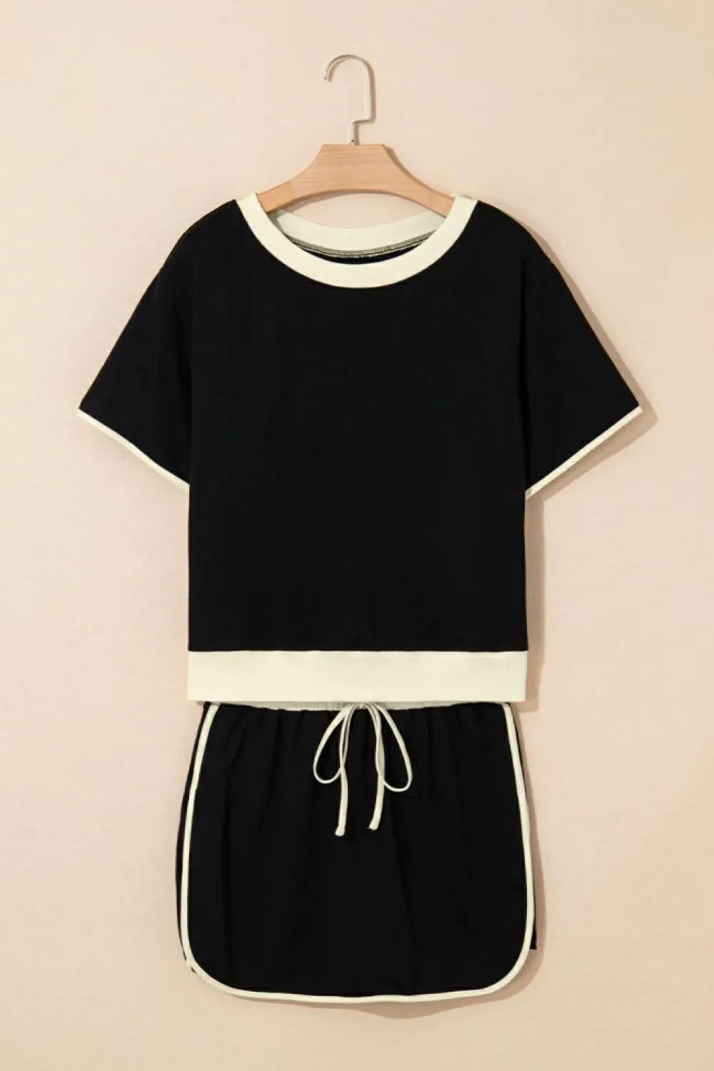Hot Dear-Lover Colorblock Edge Drop Shoulder T Shirt and Skort 2Pcs Set Black