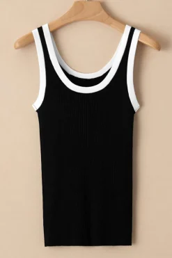 Clearance Dear-Lover Colorblock Edge Ribbed Knit U Neck Tank Top Black