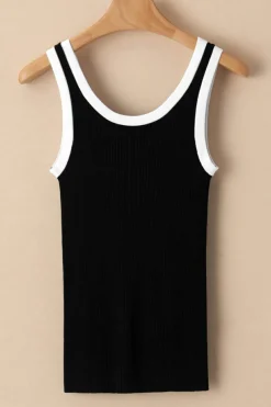 Clearance Dear-Lover Colorblock Edge Ribbed Knit U Neck Tank Top Black