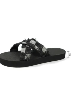 Outlet Dear-Lover Colorblock Plaid Canvas Cross Strap Slippers Black